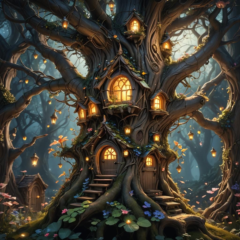 Whimsical Hollow Tree Fairy House in Vibrant Fantasy Style
