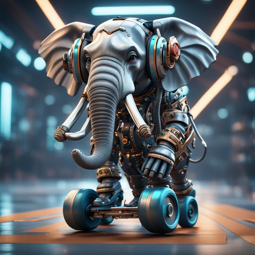 Elephant Thrills on Roller Skates in Futuristic Landscape