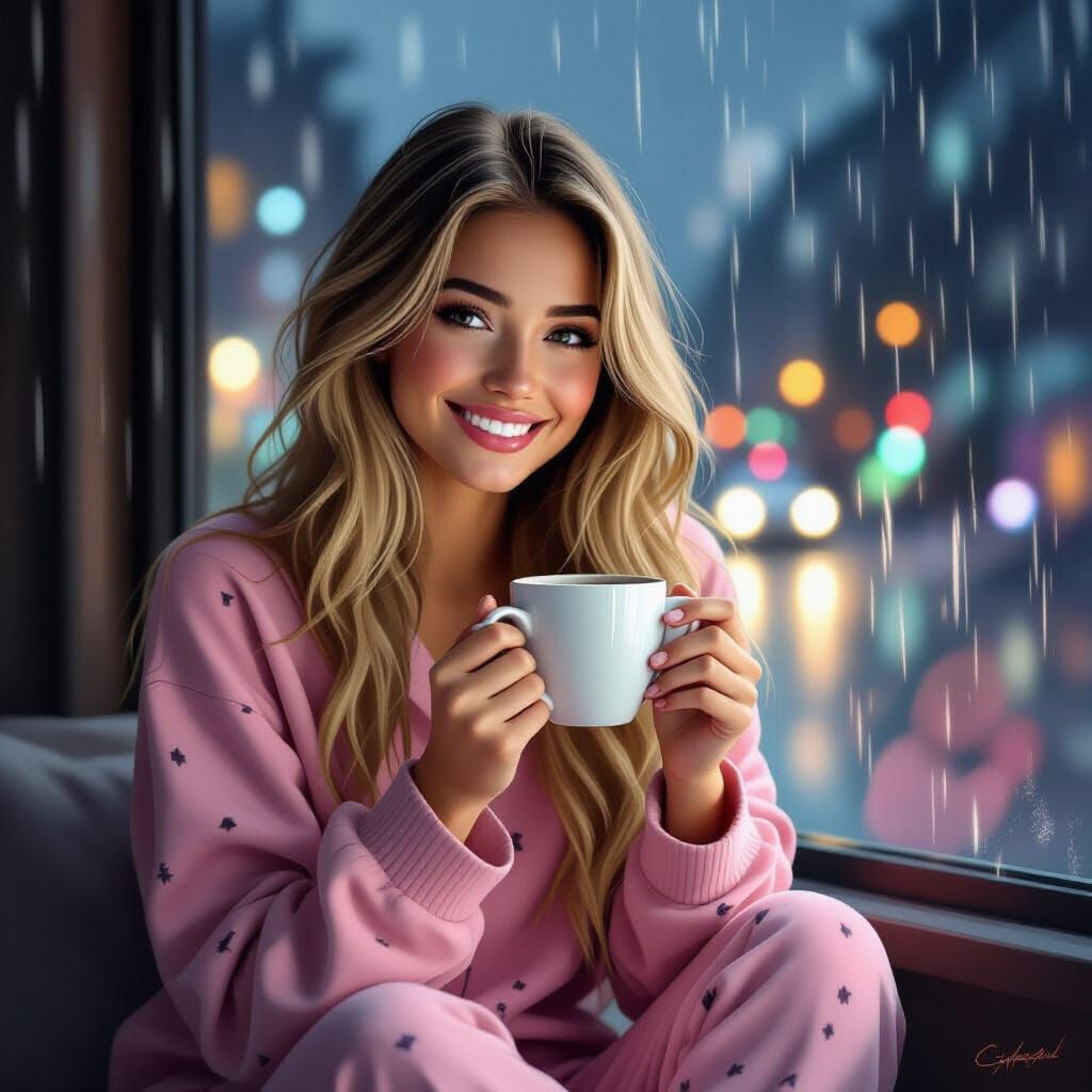 Cozy Morning: Woman with Coffee, Rain Outside