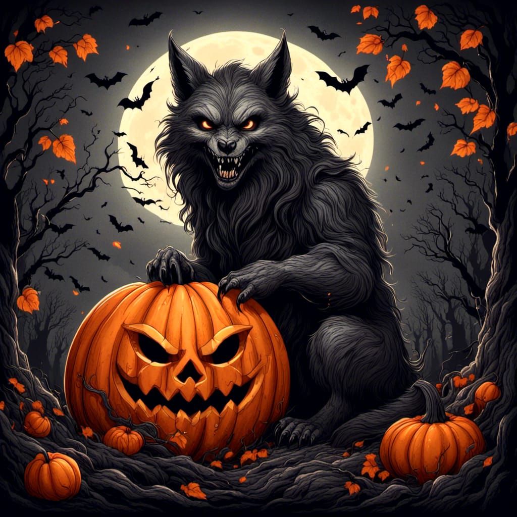 Cute werewolf Surrounded by Twinkling Jack-o-lanterns in Dig...