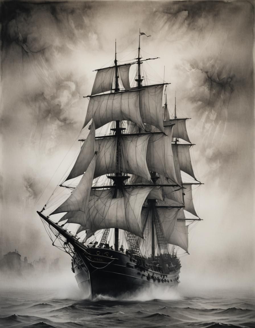 Ethereal Victorian Warship Emerges from Fog in Monochromatic...