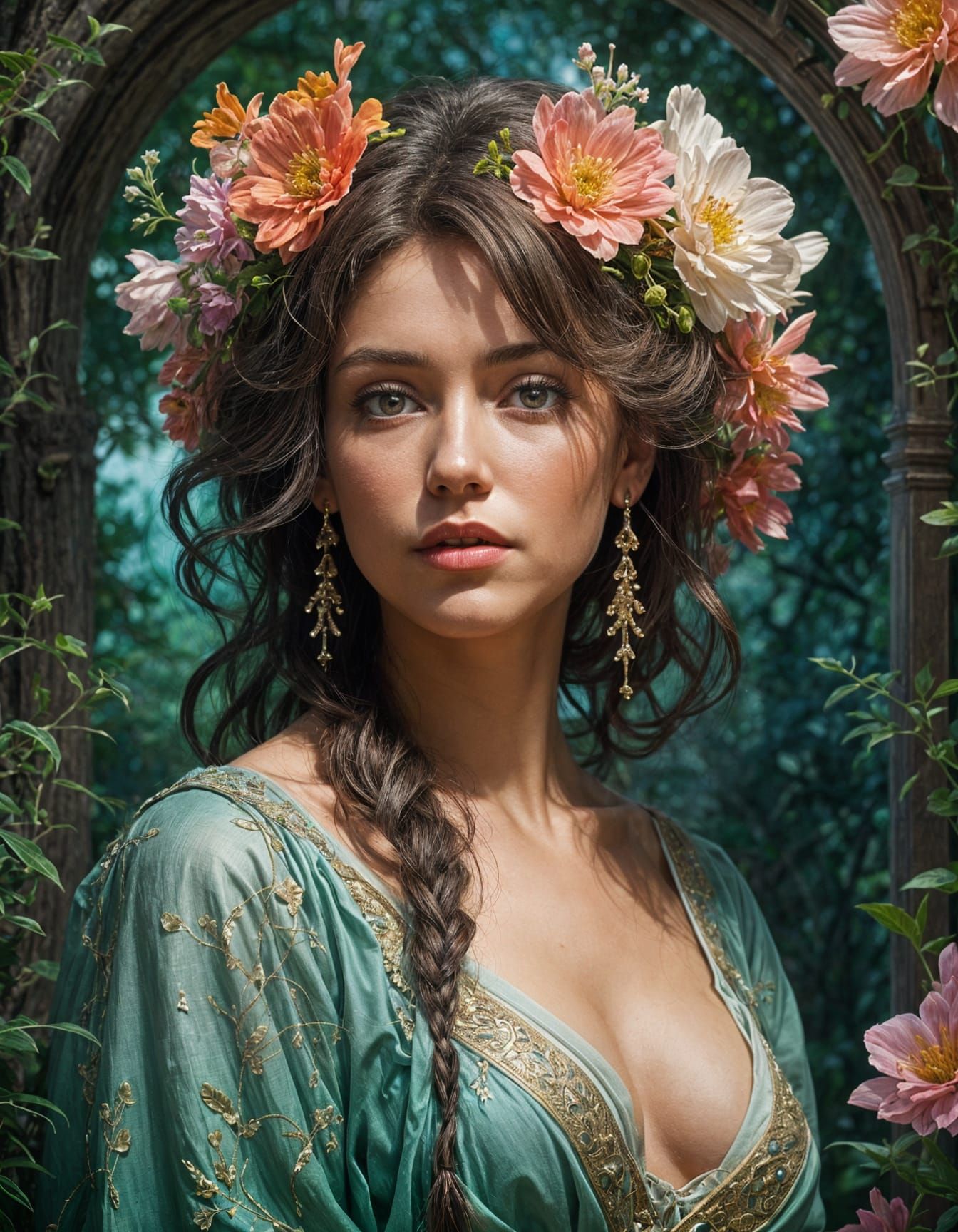 Ethereal Spring Goddess in Vibrant Surreal Garden