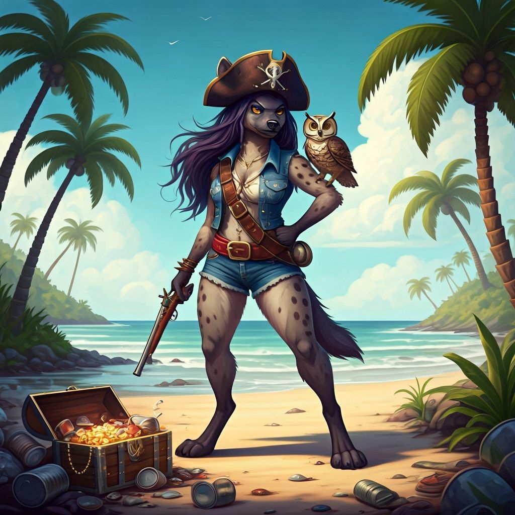 Anthropomorphic Hyena Pirate Guards Treasure on Sewage Beach