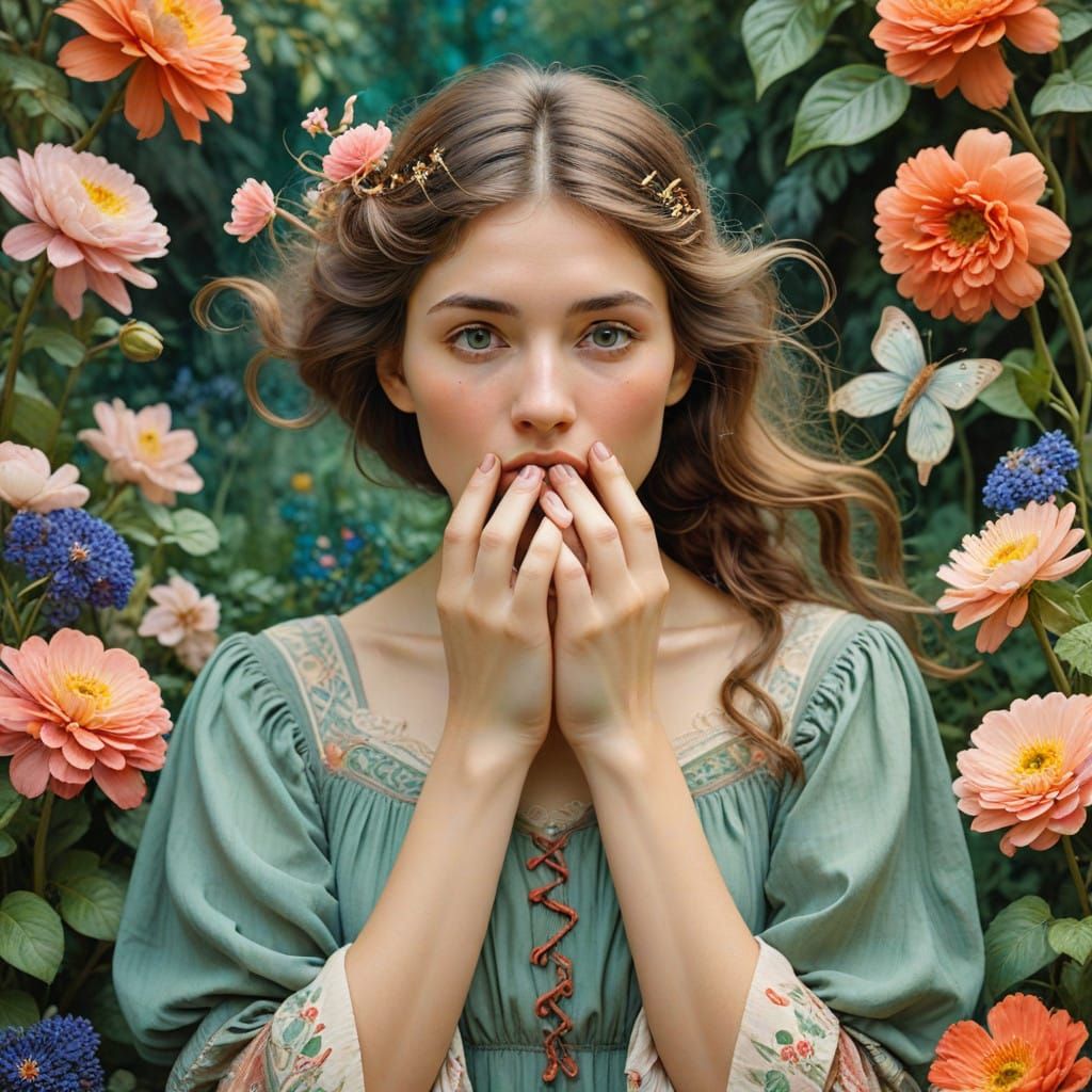 Delicate Lady in Whimsical Botanical Wonderland