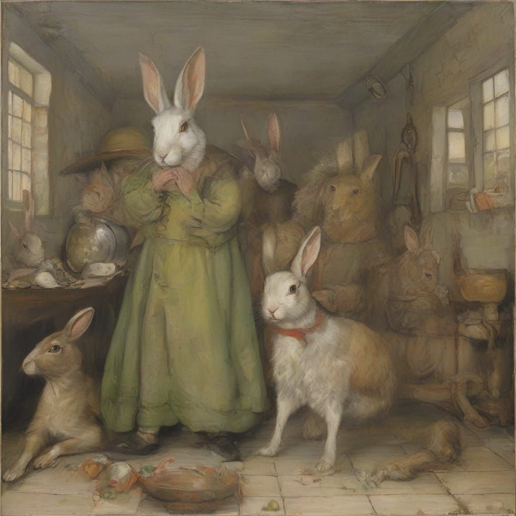 Surreal Rabbit Nurturing Horse in Dreamlike Landscape