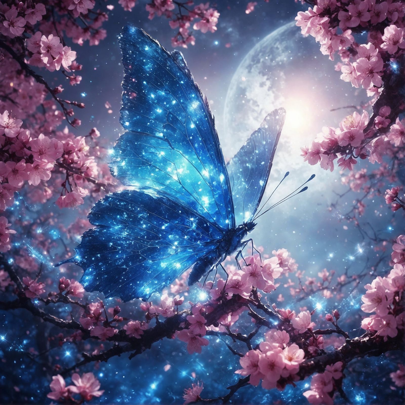 A Blue Crystal Butterfly Dances Amidst Vibrant Sakura Blooms