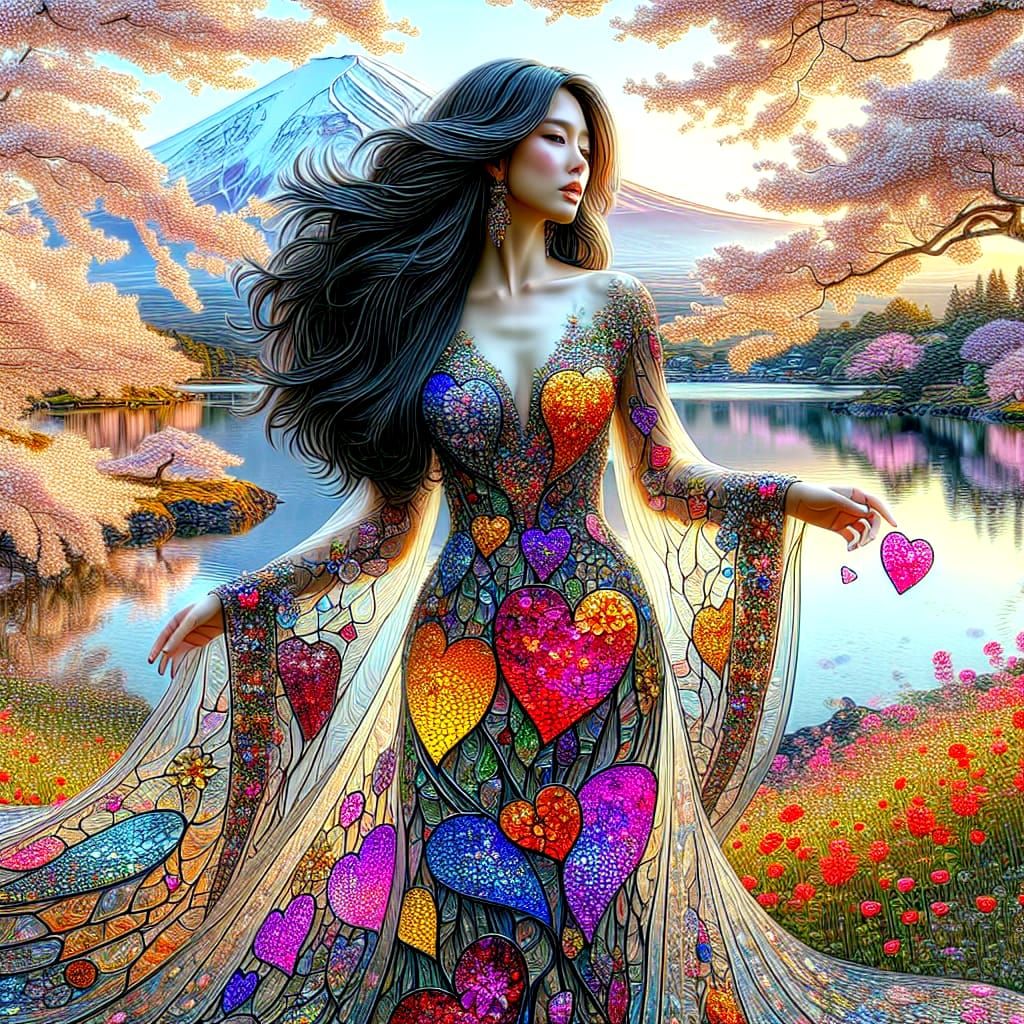 Realistic Woman in Stained Glass Dress Amidst Japanese Garde...