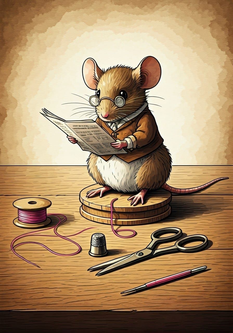 Style of Beatrix Potter, a mouse facing the viewer, wearing spectacles and reading a newspaper, sat on a cotton reel wit...