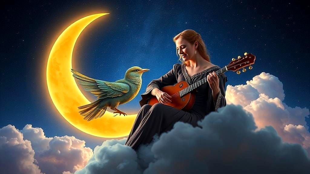 Magical Night with Ethereal Bird and Medieval Maiden