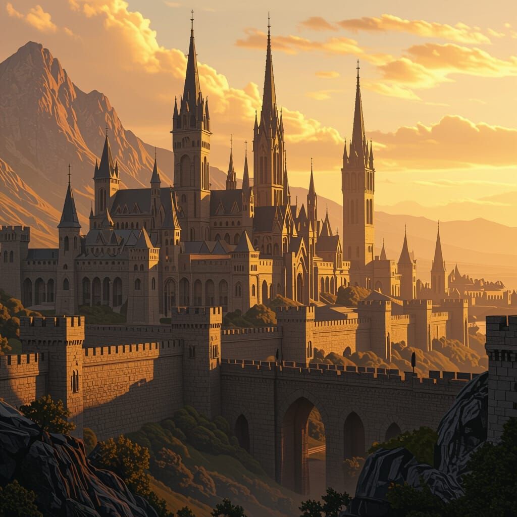 Majestic Kingdom Landscape with Ancient Spires and Golden Li...