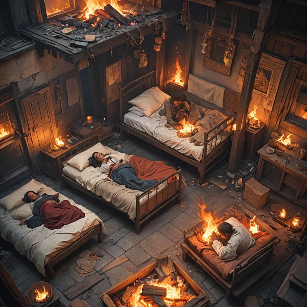 Flickering Flames Reflect on a Nostalgic, Burnt Villager