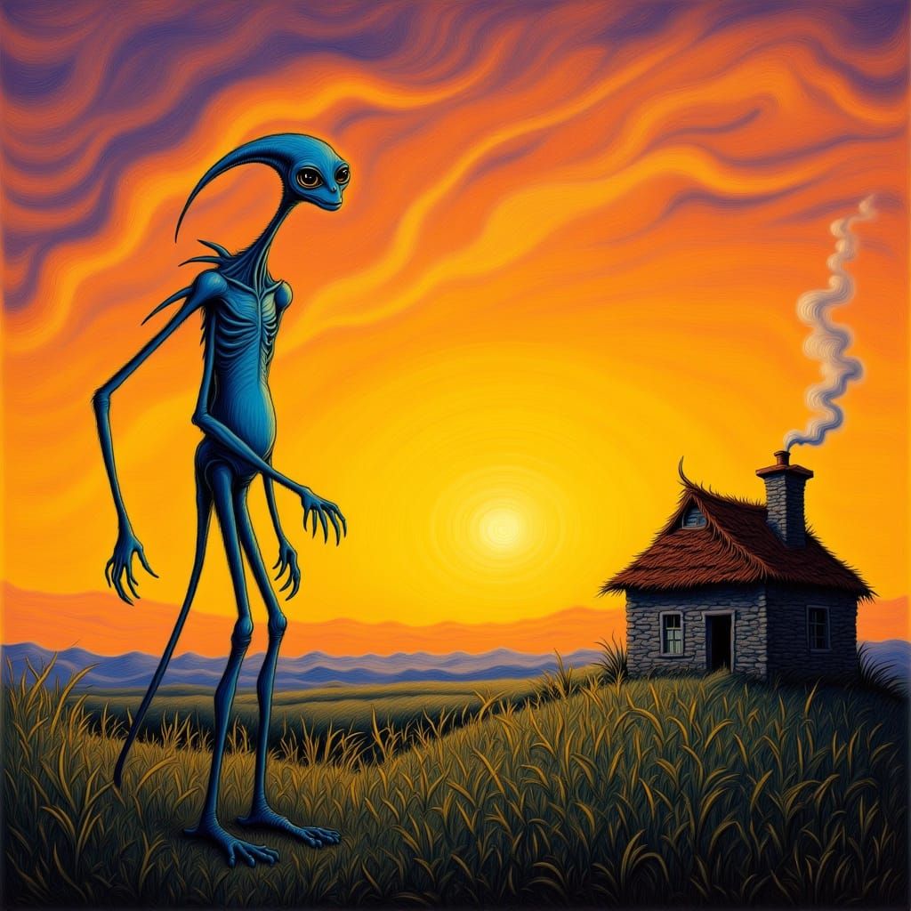 Alien in Meadow at Sunrise, Oil Pastel Style