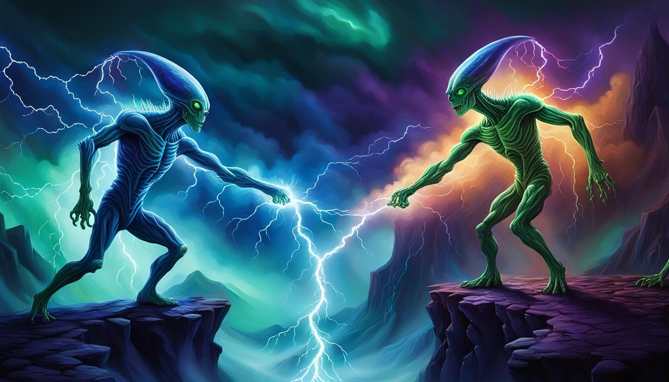 Surreal Tug of War Between Two Alien Beings in a Deep Chasm