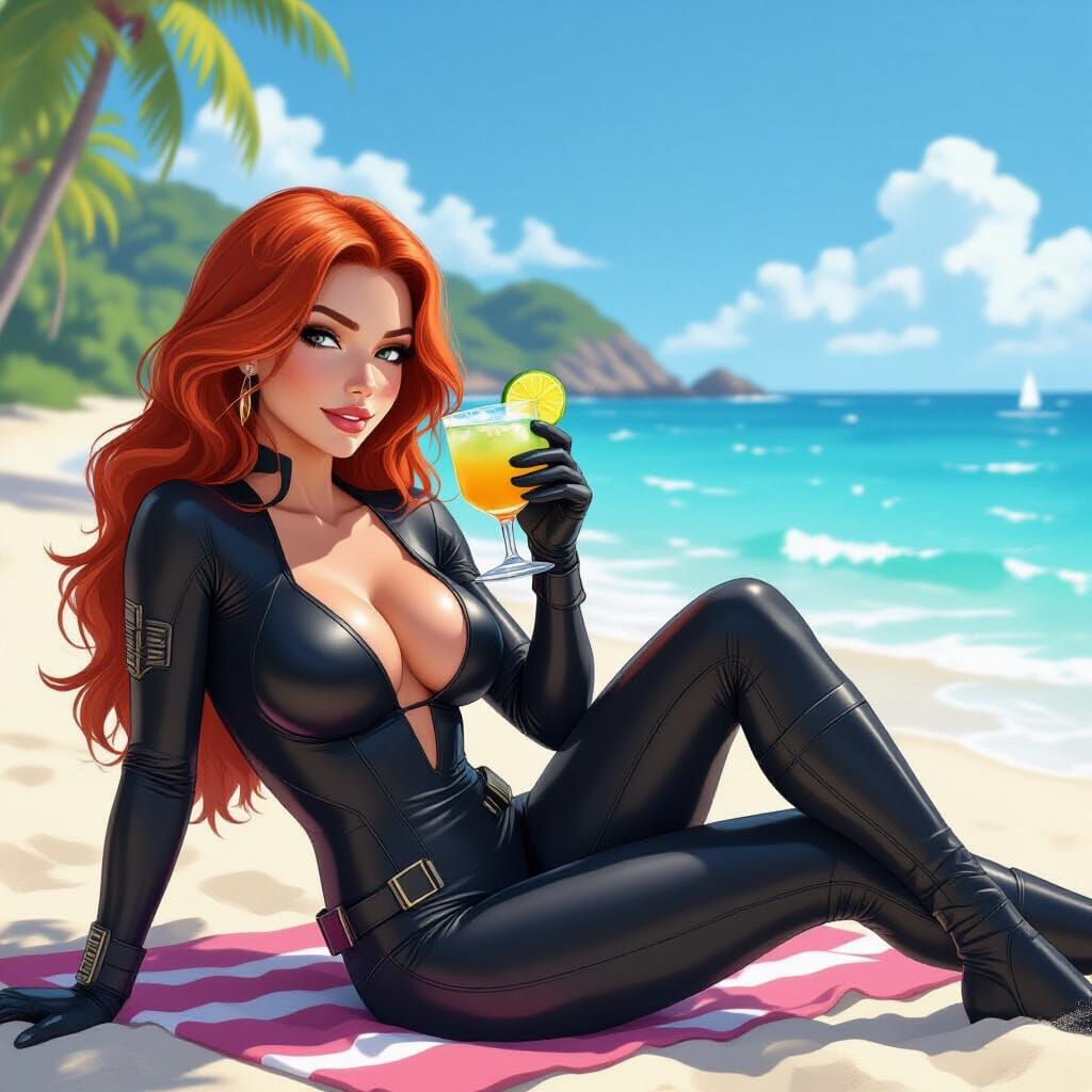 Black Widow Enjoys Margarita on a Sunny Beach