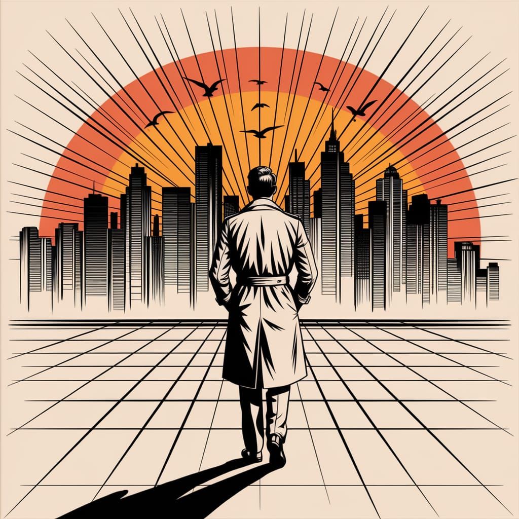 Noir Figure in Cityscape Ink Drawing