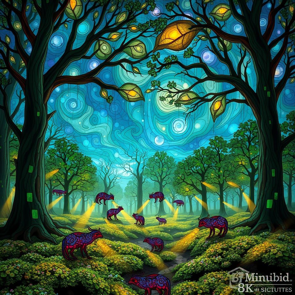 Stained Glass Forest Glade with Nebula Sky