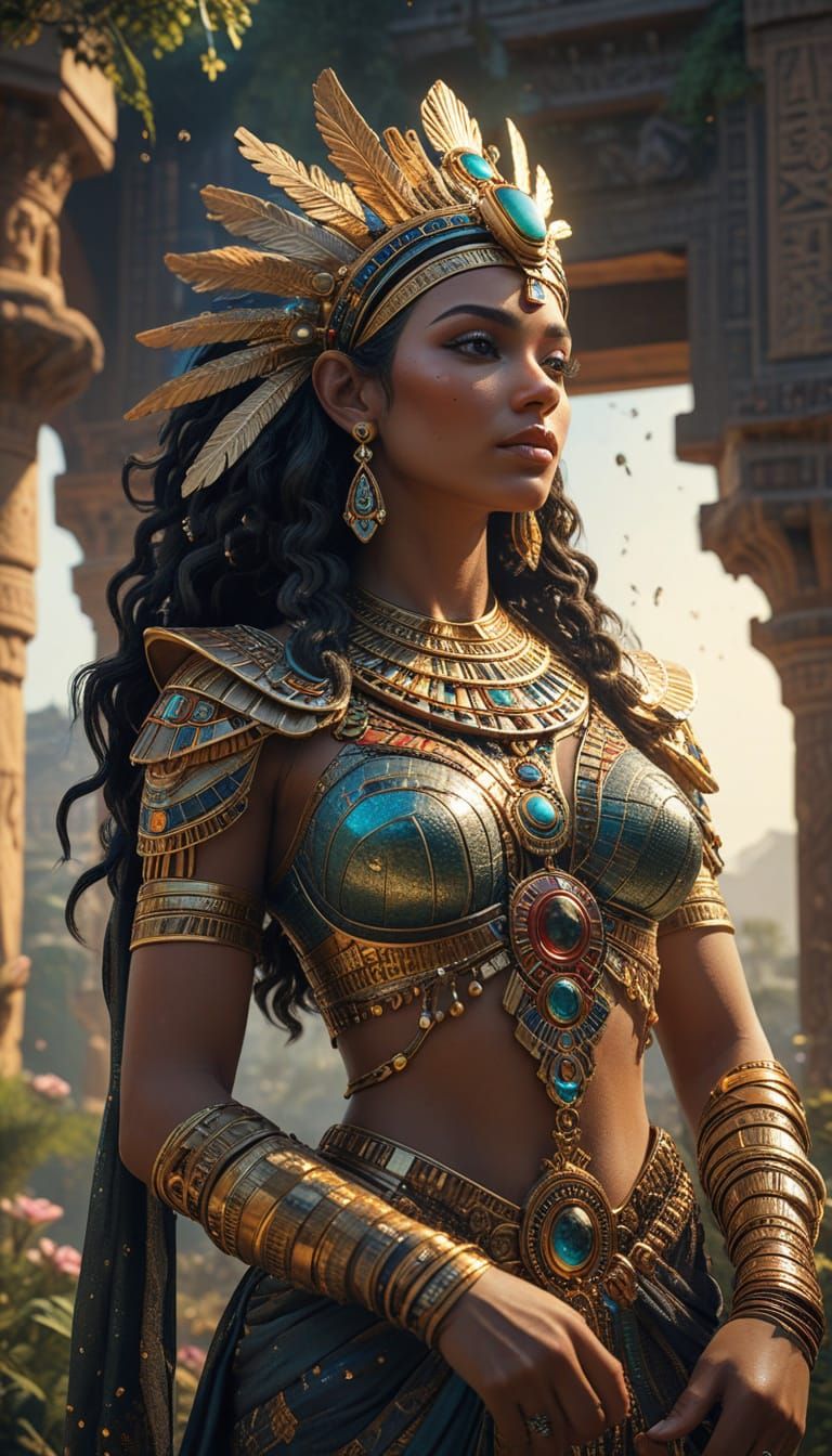Ancient Egyptian Goddess in Opulent Headdress and Attire