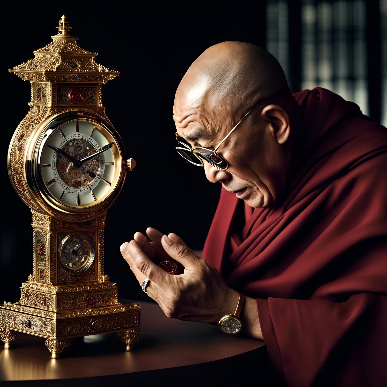 Dalai Lama Examines the Intricacies of a Luxury Watch in Stu...