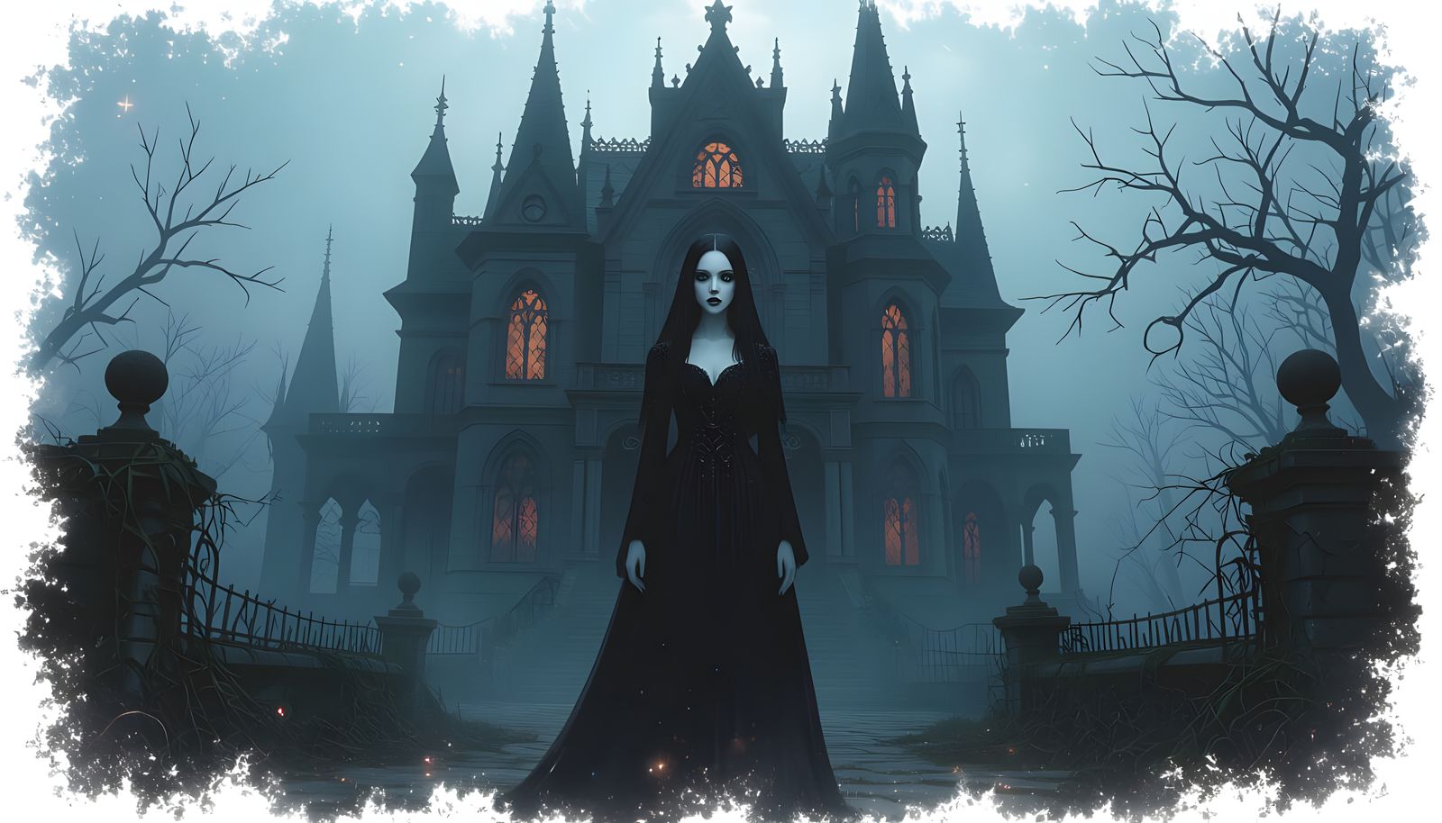 Goddess of Death in Eerie Gothic Landscape