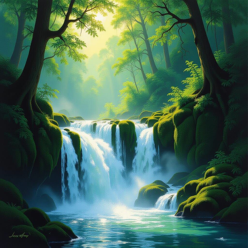 Breathtaking Oil Painting of a Forest Waterfall