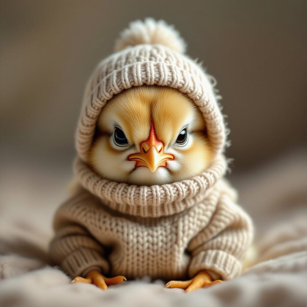 Frowning Baby Chicken in Photorealistic Style
