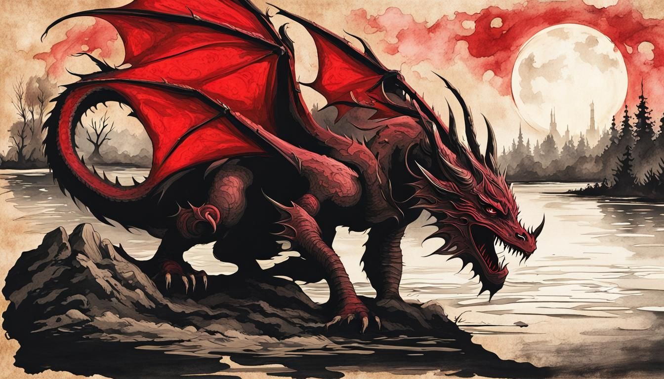 Angry Dragon Silhouette in Steampunk River Landscape, Modern...