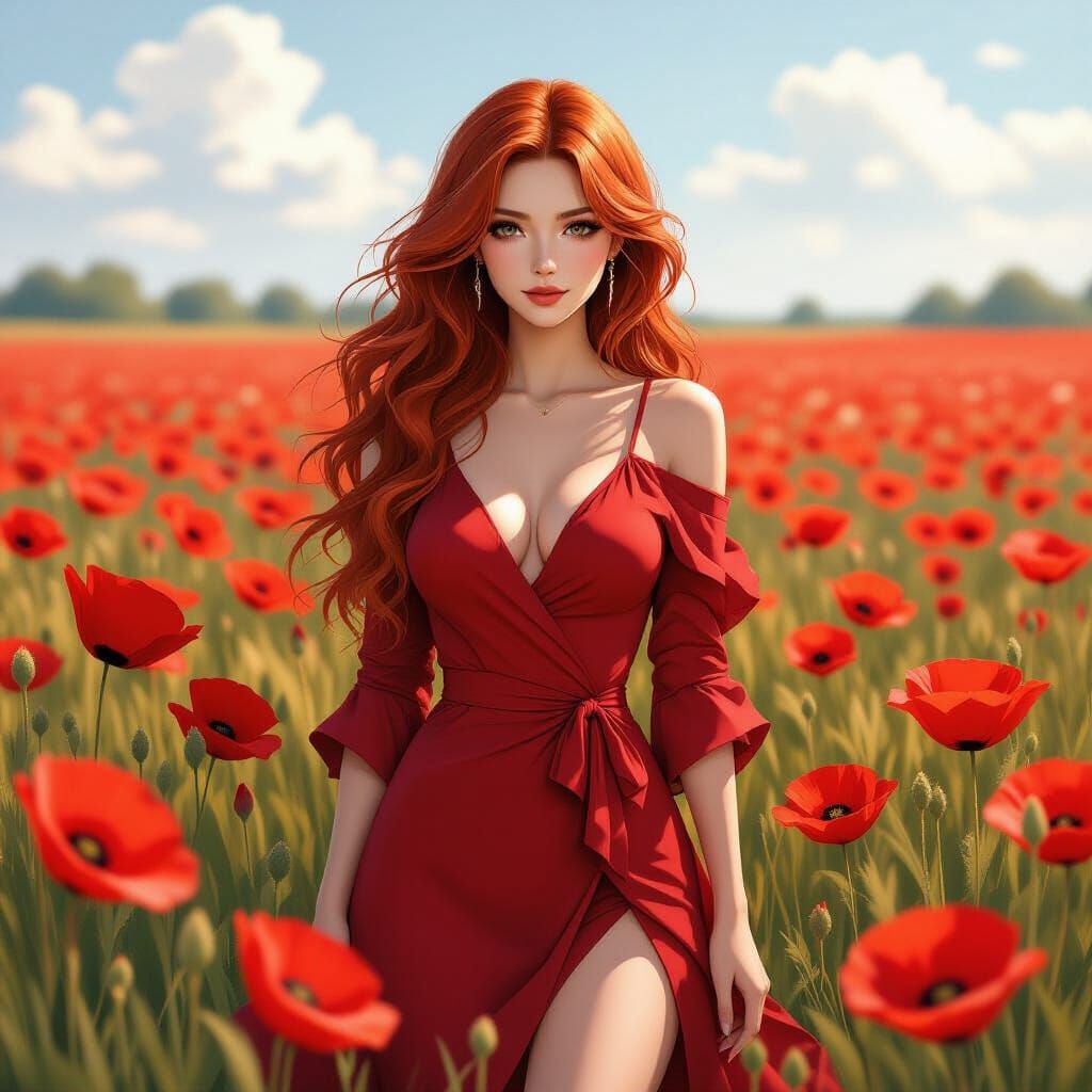 Red-Haired Woman in Red Attire Amidst Red Flowers, Anime Sty...