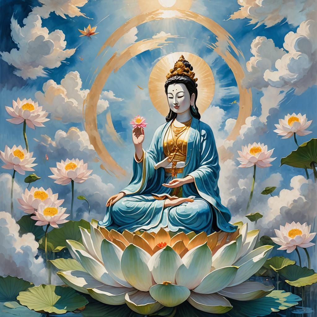 Serene Goddess on a Lotus Throne amidst Heavenly Guardians i...