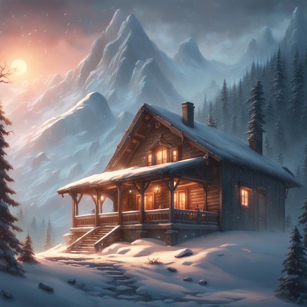 Surreal Mountain Cabin in Triadic Colors Amidst Blizzard