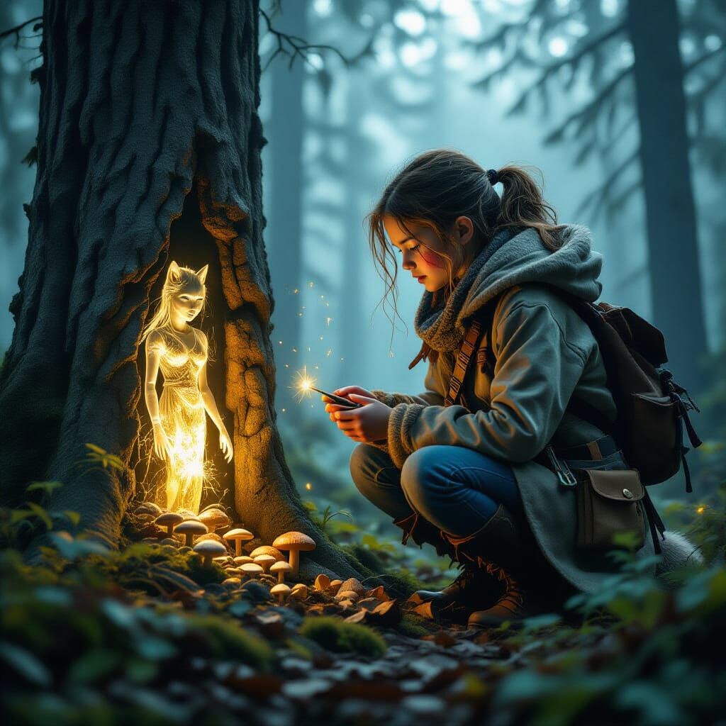 Forest Survivalist Girl Discovers Dryad in Misty Woodland