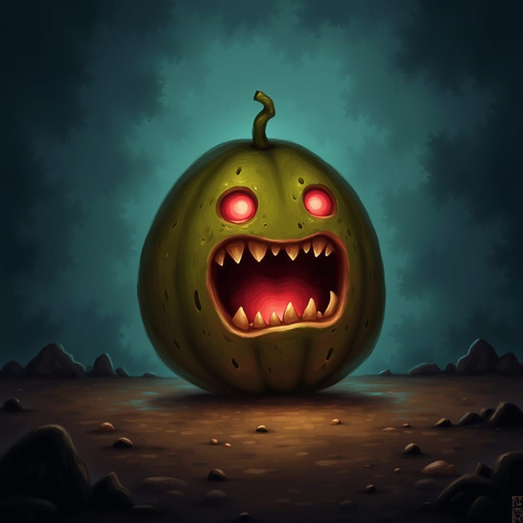 Evil Toothy Cantaloupe in Dark Fantasy Art Style