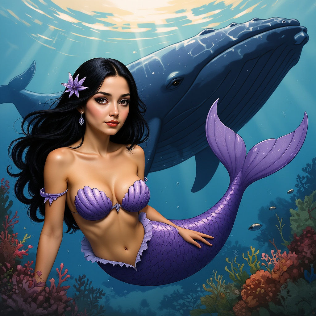 Mermaid with Violet Tail Swimming with Whale