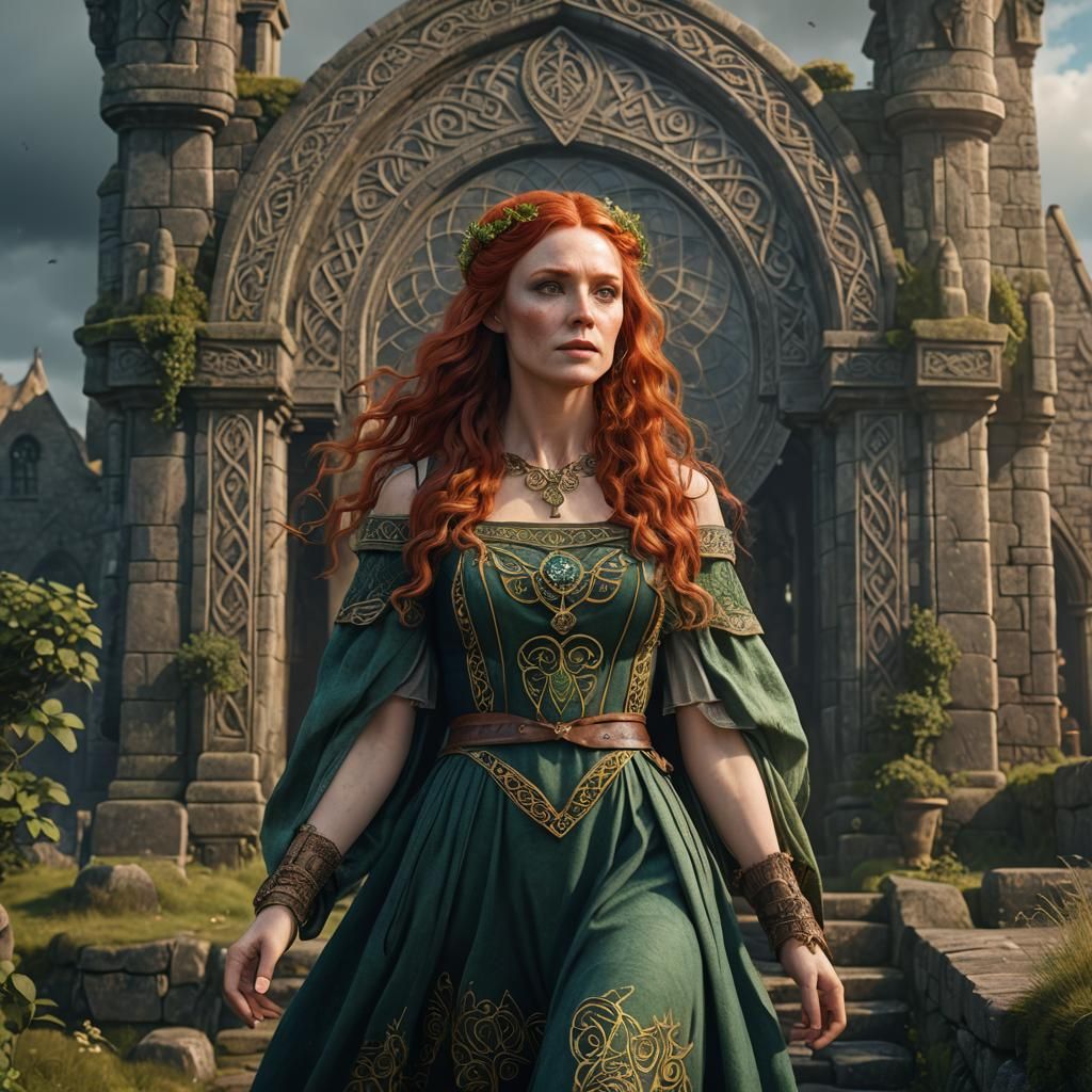Radiant Celtic Goddess with Vibrant Red Locks in Vintage Iri...