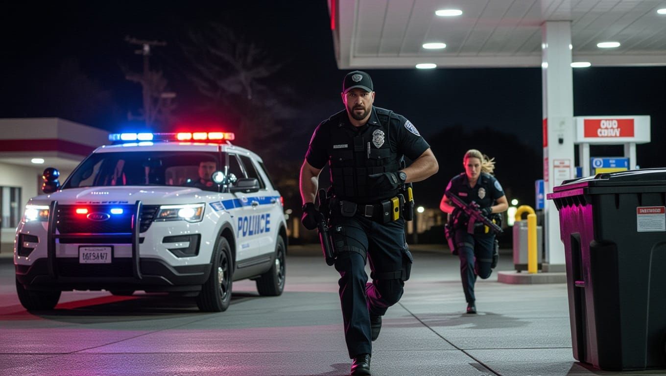 High-Speed Police Chase in a Gas Station