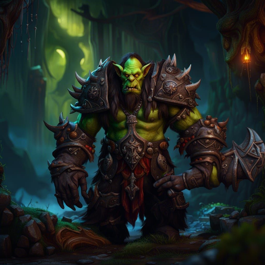 Fantastical Orc Warrior in a World of Warcraft Realm