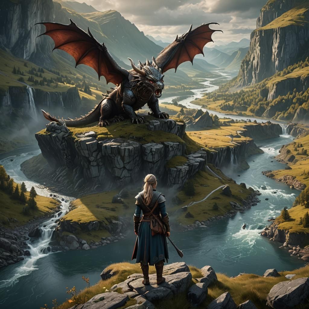 Viking Warrior Goddess Overlooks Mystical River Valley