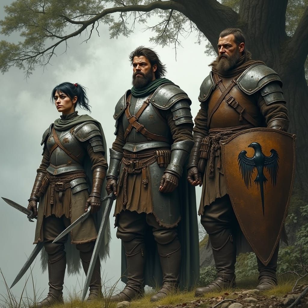 Medieval Mercenaries Stand Guard in Forested Landscape
