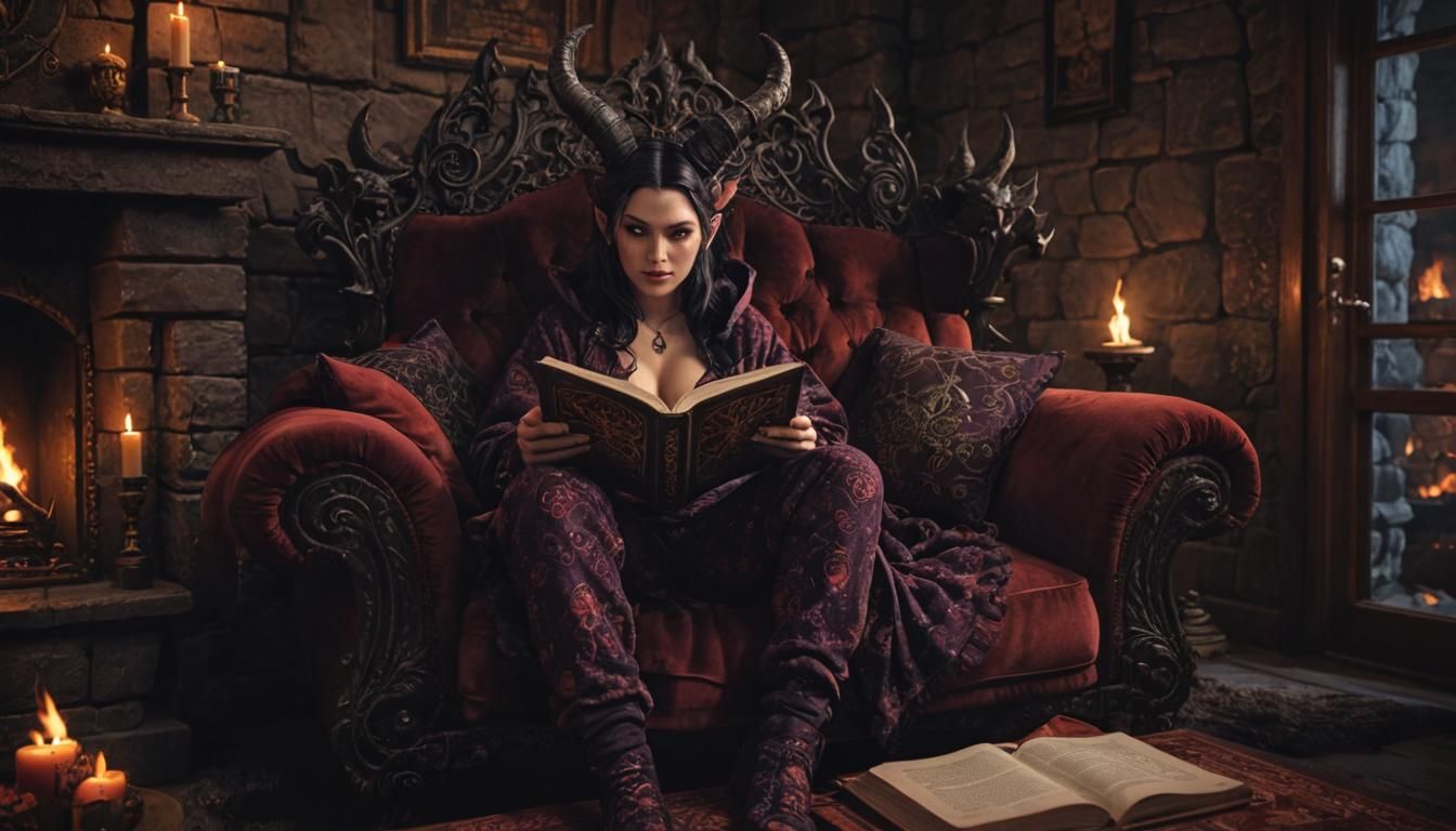 Demon Queen Relaxing in Cozy Hellish Lair