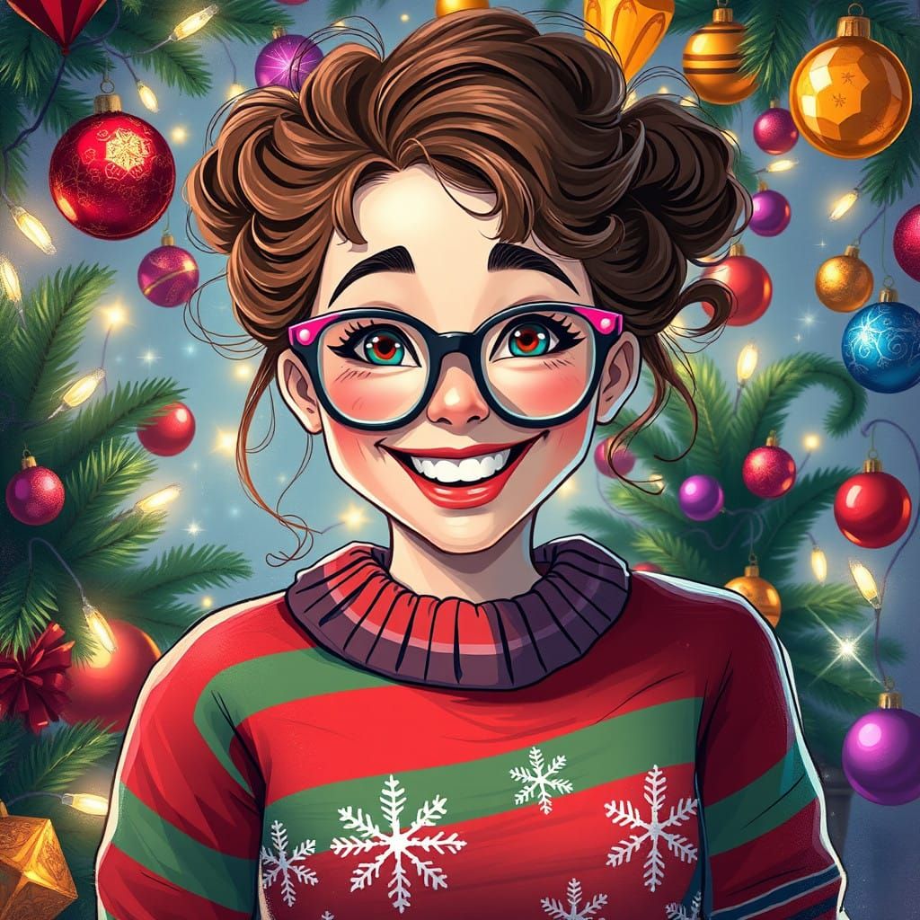 Charming Holiday Girl in Vibrant, Retro-Futuristic Style
