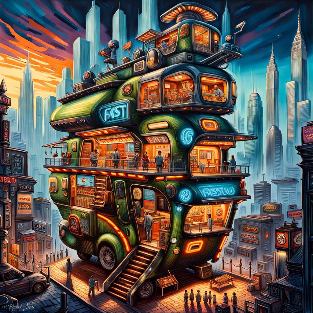 Vibrant Futuristic Food Truck in a Steampunk City