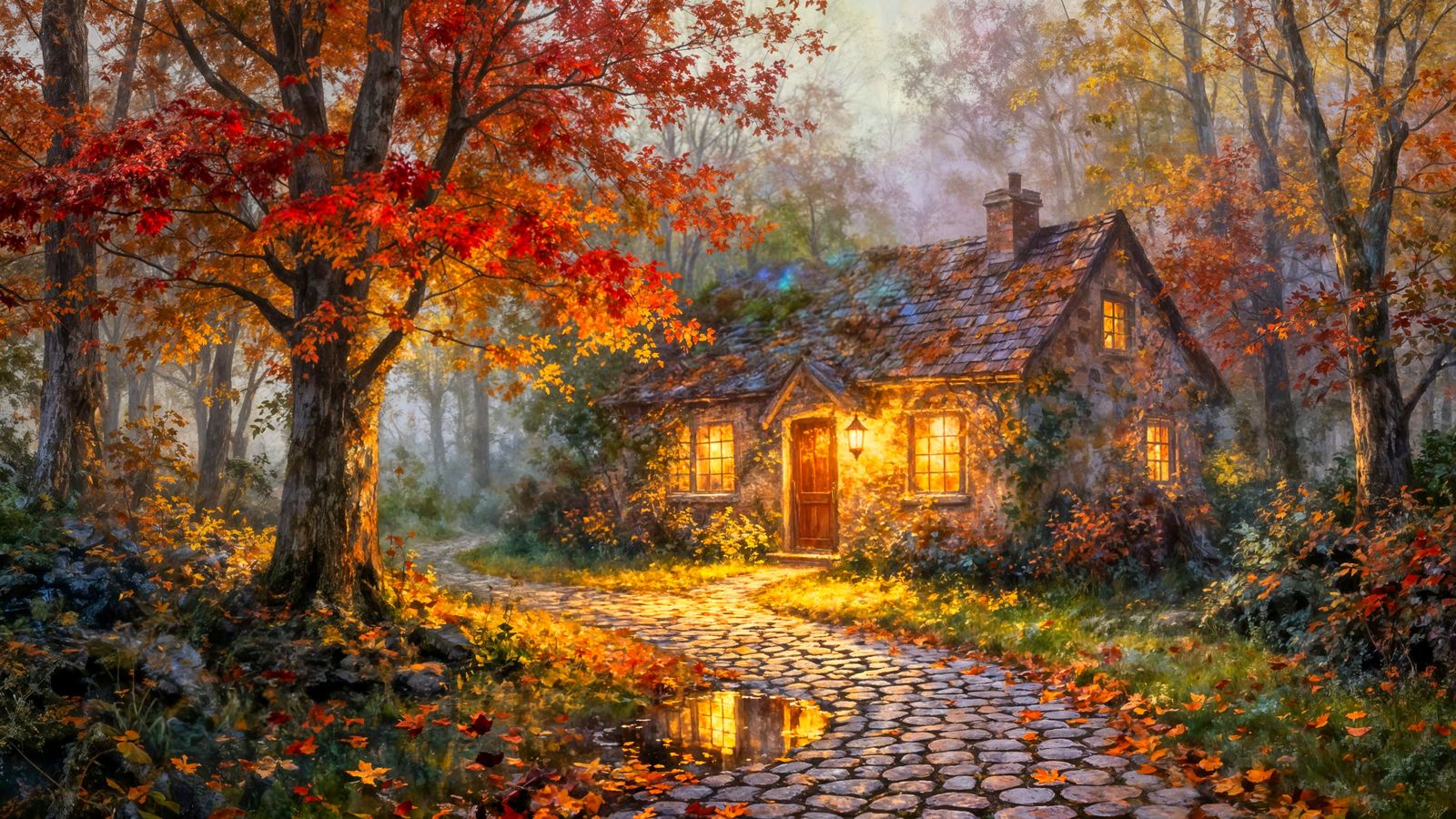 Misty Autumn Cottage with Warm Light in Kinkade Style