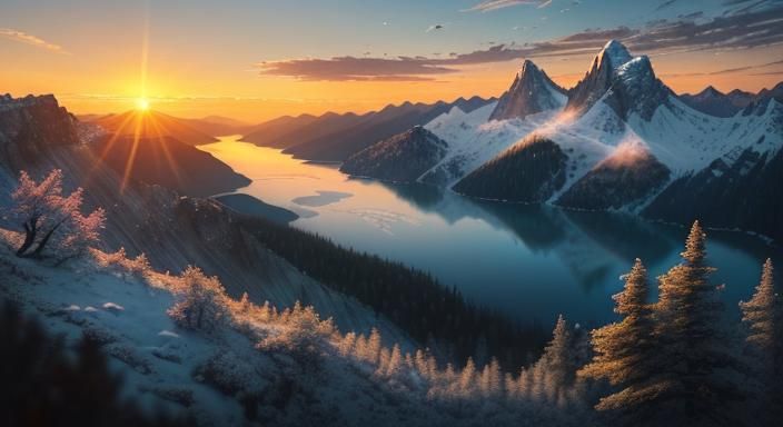 Ethereal Mountain Landscape in a Golden Hour
