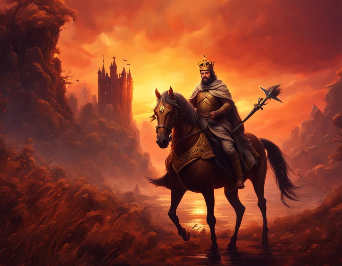 King on Horseback in a Vibrant Fantasy Landscape