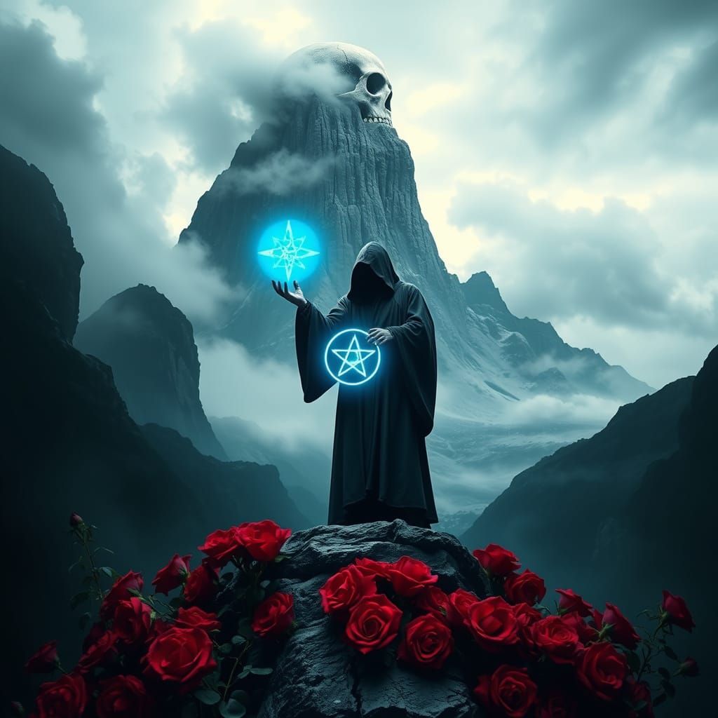 Mysterious Figure Surrounded by Red Roses in Dark, Ominous L...