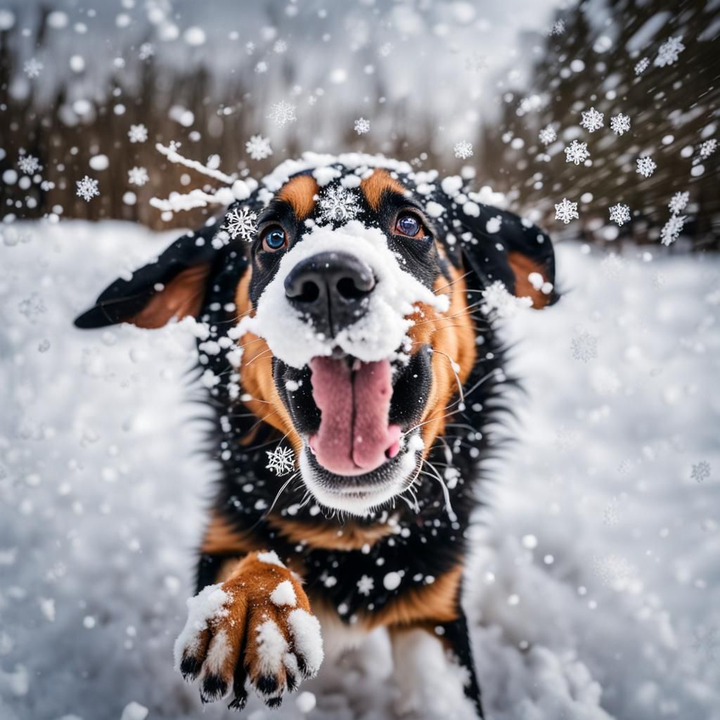 Thrilling Close-Up of a Snow-Playing Puppy in Winter Wonder