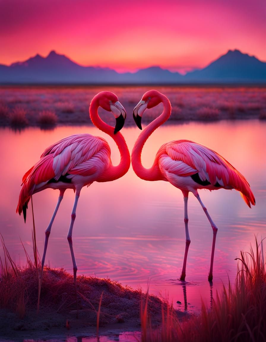 Flamingos & Pink Sunset