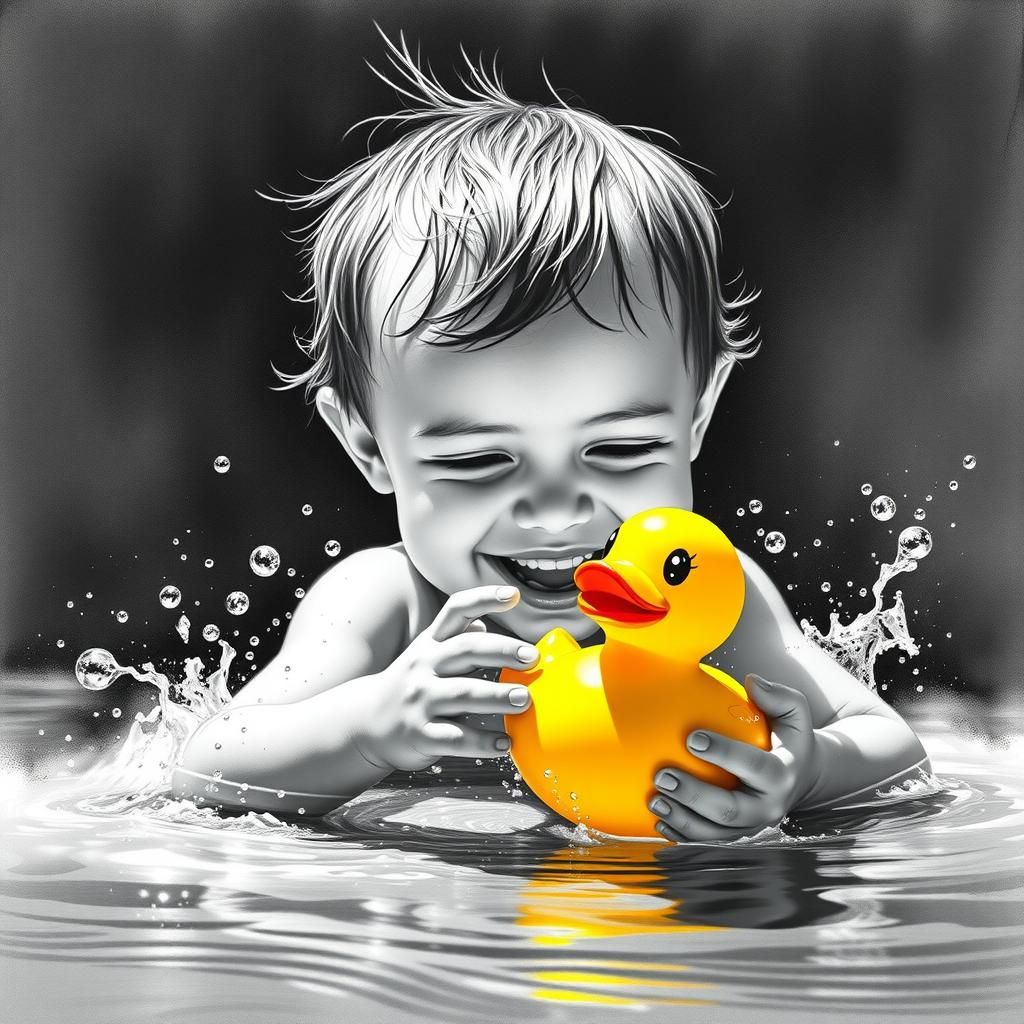 Happy Toddler Admires Bright Yellow Rubber Duck