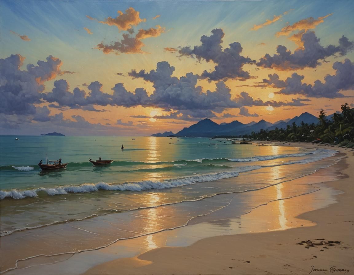 Samui Beach at Sunset in Dreamy Oil Painting