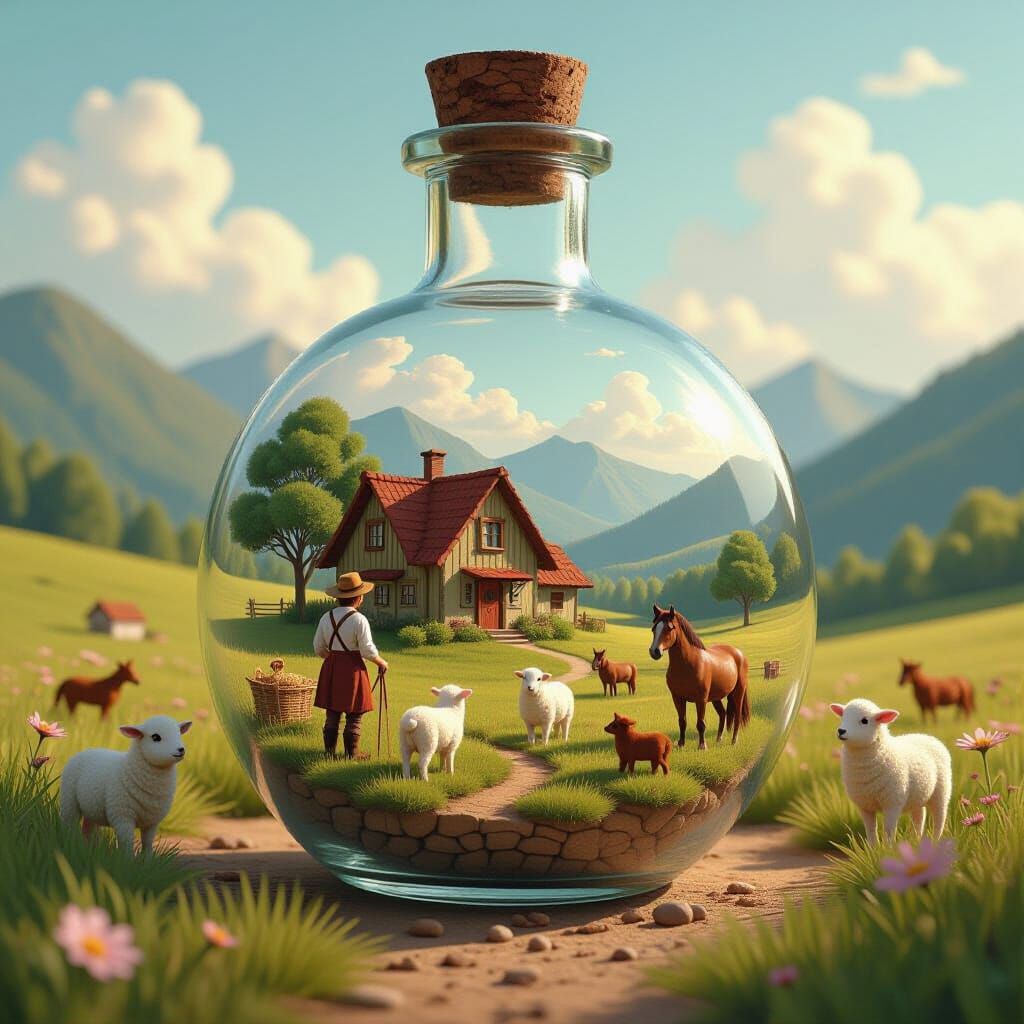 Idyllic Village in a Jar, Naif Style