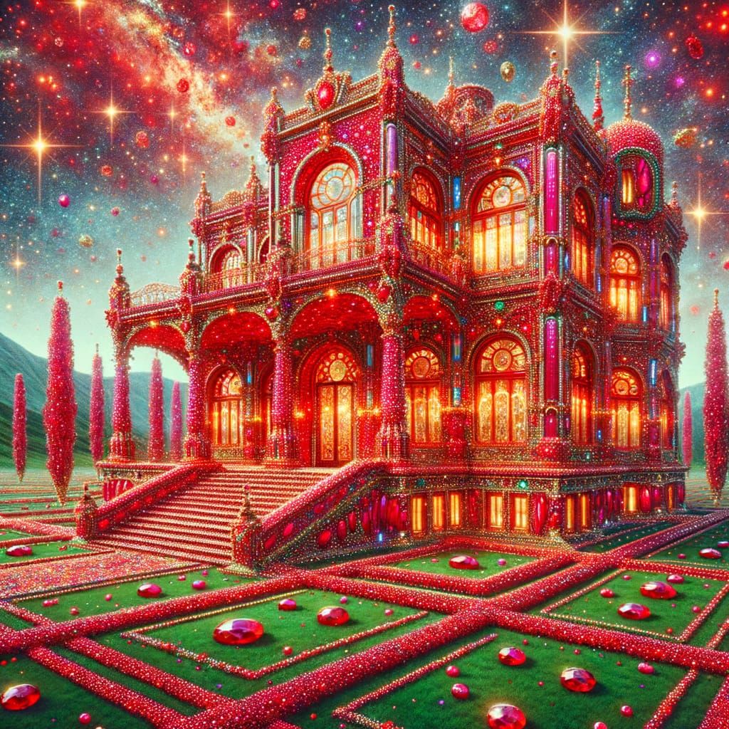 Hyperrealistic Ruby Mansion with Jade Lawn